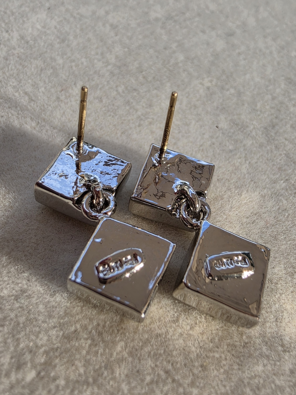 Butler: Clear Square Crystal Drop Earrings - Dangle Double Square 14K Gold Post - Picture 3 of 7